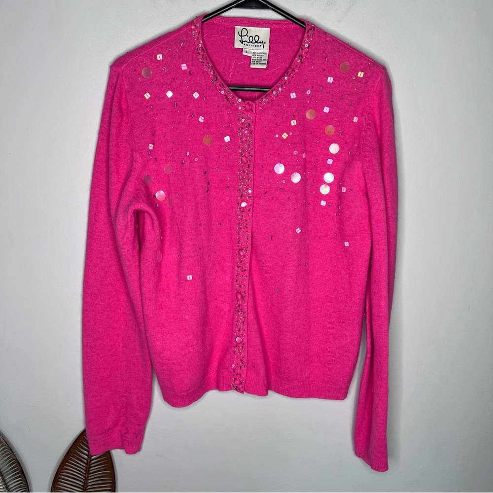 RARE Vintage Lilly Pulitzer Pink Lambswool Beaded Cardigan C9